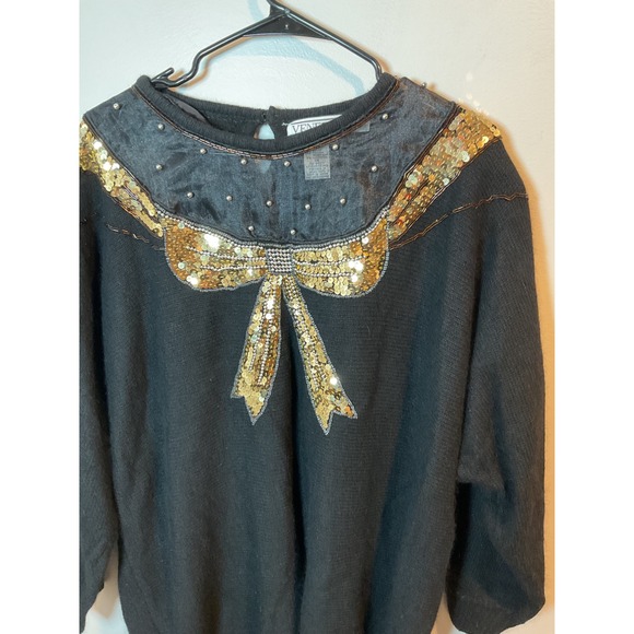 Vintage Venezia Vitale Women's 1x SilkAngora Blend Black Sweater Gold Sequin Bow - Picture 2 of 9